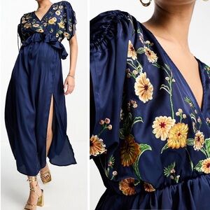 NWOT ASOS embroidered satin midi dress with frill waist in navy